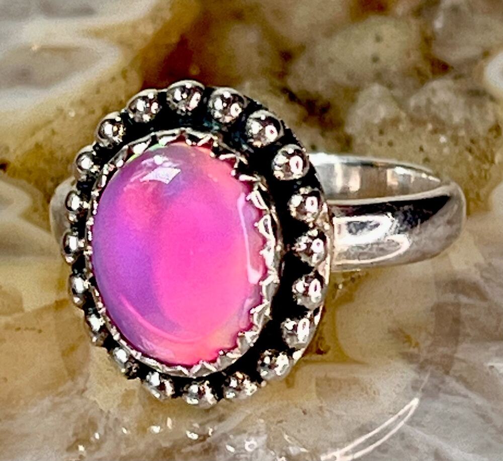 NEW Sterling Silver Pink Opal Oval Cabochon Statement Ring Size 6.25 Signed